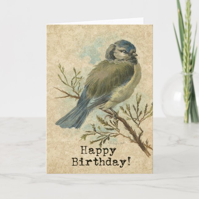 Tarjeta Feliz cumpleaños, Vintage Bluetit Bird (Anverso)