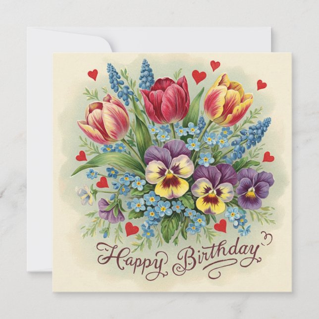 Tarjeta Feliz cumpleaños Vintage Spring Flower Bouquet (Anverso)