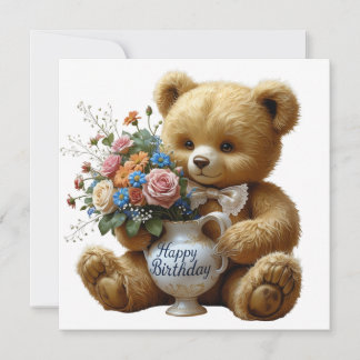 Tarjeta Feliz cumpleaños vintage Teddy Bear con flores