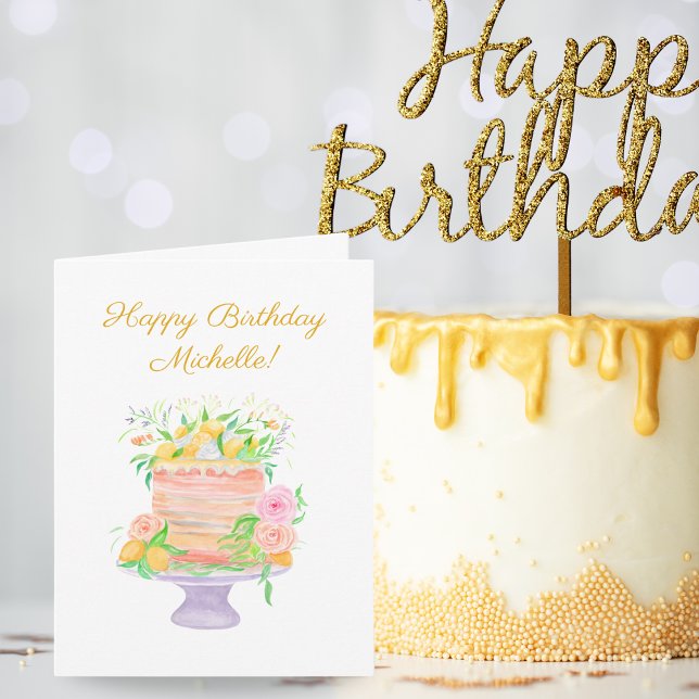 Tarjeta Feliz cumpleaños Watercolor Lemon Floral Cake (Subido por el creador)