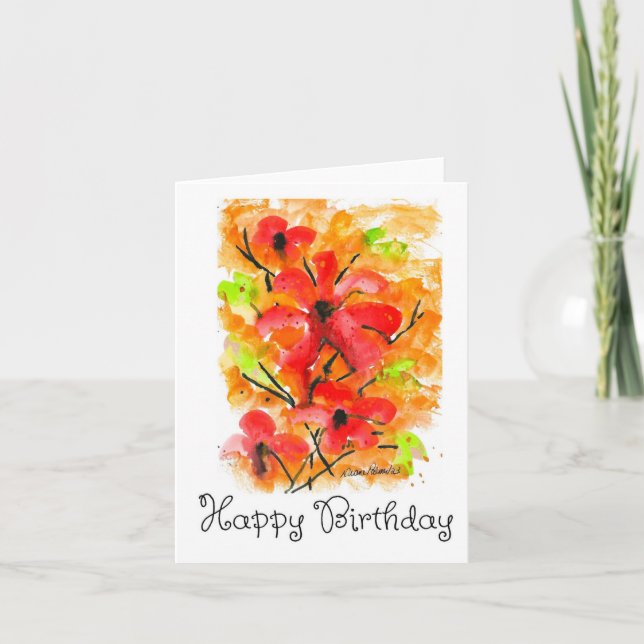 Tarjeta Feliz cumpleaños, Watercolor Red Flower Art (Anverso)