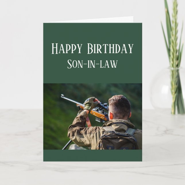 Tarjeta Feliz cumpleaños, yerno, camuflaje de caza (Anverso)