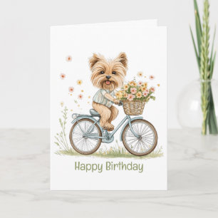 Tarjeta Feliz cumpleaños Yorkie Dog Biking Spring Flowers