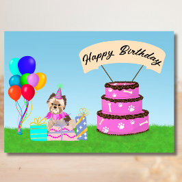 Tarjeta Feliz cumpleaños Yorkshire Terrier con pastel