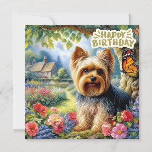 Tarjeta Feliz cumpleaños Yorkshire Terrier Puppy y Garden