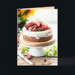 Tarjeta Feliz cumpleaños Yummy Cake<br><div class="desc">La tarjeta de felicitación de cumpleaños incluye un hermoso ilustracion de un elegante pastel coronado con frutas y bayas en la parte delantera y el saludo de tu personalizado - o usa el nuestro - en el interior. Puede cambiar el dicho, las fuentes, los colores, añadir nombres y una línea...</div>