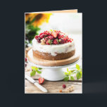 Tarjeta Feliz cumpleaños Yummy Cake<br><div class="desc">La tarjeta de felicitación de cumpleaños incluye un hermoso ilustracion de un elegante pastel coronado con frutas y bayas en la parte delantera y el saludo de tu personalizado - o usa el nuestro - en el interior. Puede cambiar el dicho, las fuentes, los colores, añadir nombres y una línea...</div>