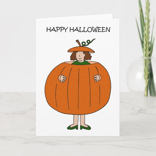Tarjeta Feliz Dama de Halloween con traje de calabaza (Anverso)
