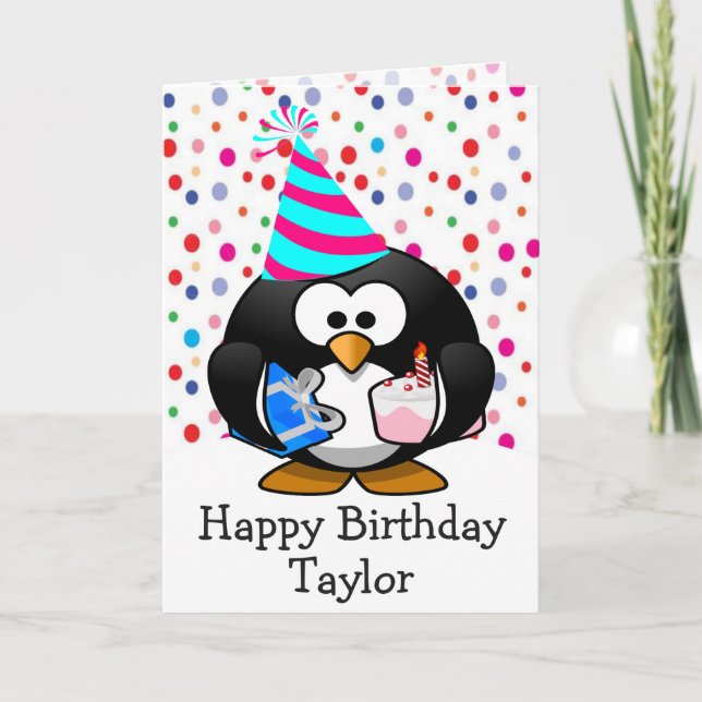 Tarjeta feliz de cumpleaños para niños pingüinos (Anverso)