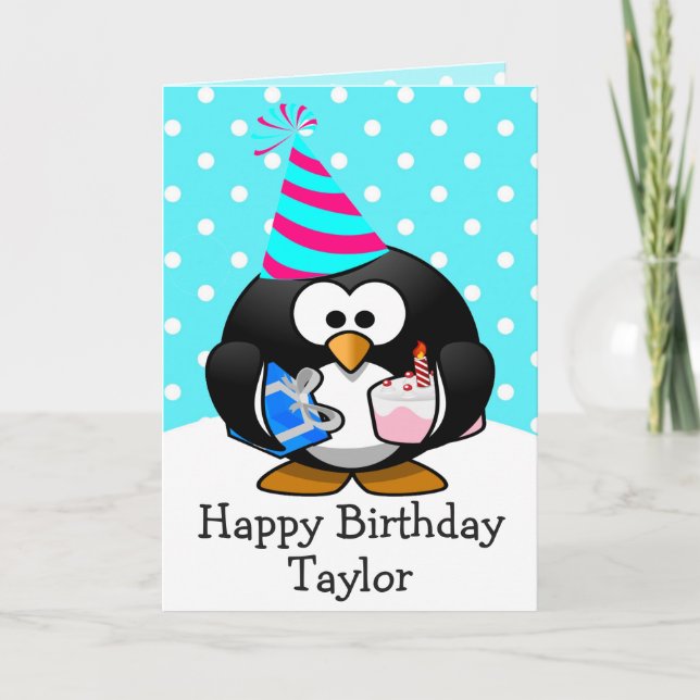 Tarjeta feliz de cumpleaños para niños pingüinos (Anverso)