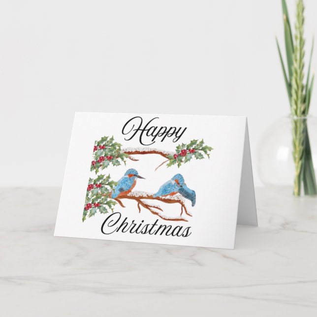 Tarjeta feliz de Navidades con Kingfishers en ello (Anverso)