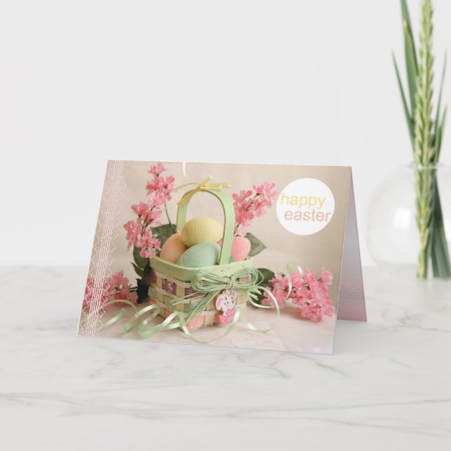 Tarjeta feliz de Pascua con cesta de huevos (Anverso)