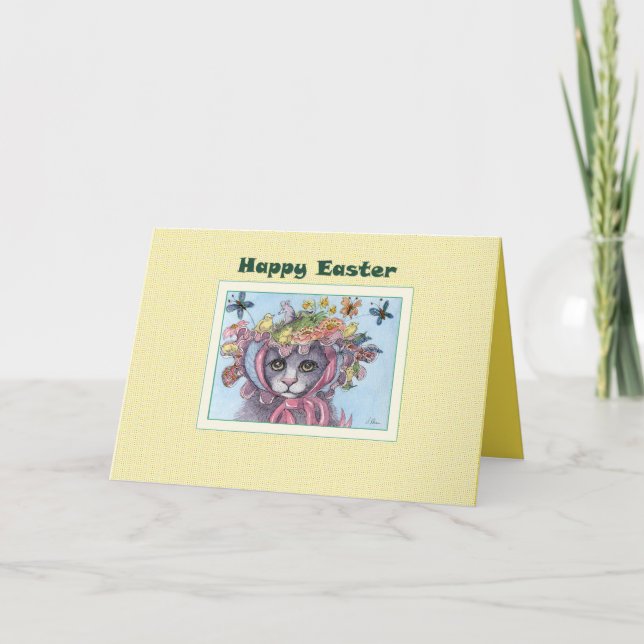 Tarjeta feliz de Pascua, gato en un bonnet de Pasc (Anverso)