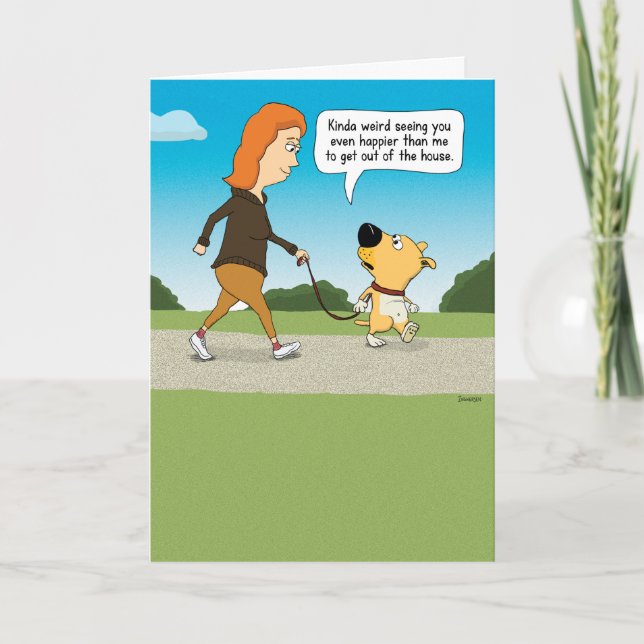 Tarjeta Feliz de salir de la casa con perro (Anverso)