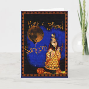 Tarjeta feliz de Samhain Halloween de la bruja del