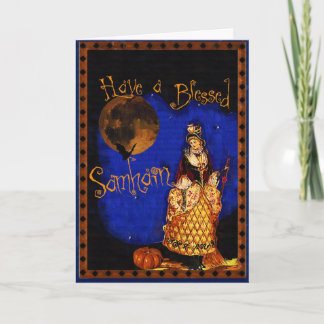 Tarjeta feliz de Samhain Halloween de la bruja del
