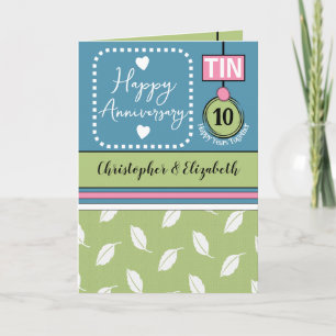 Tarjeta Feliz décimo aniversario Tin agrega nombres azules