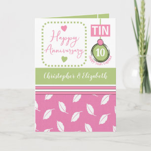 Tarjeta Feliz décimo aniversario Tin agrega nombres rosado