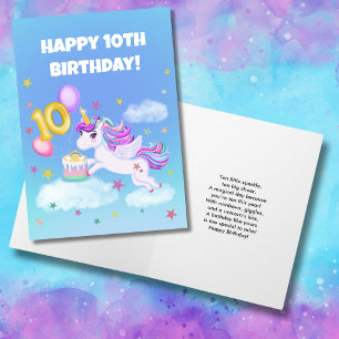 Tarjeta Feliz décimo cumpleaños de Unicornio con pastel de