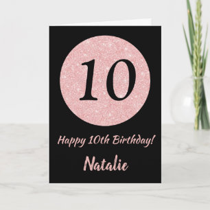 Tarjeta Feliz décimo cumpleaños oro negro y rosado Rosa