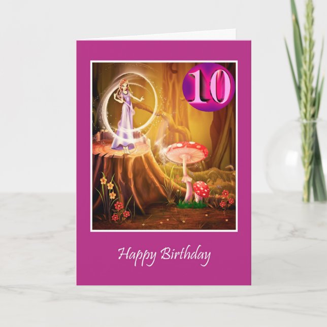 Tarjeta Feliz décimo cumpleaños para chica con hada décima (Anverso)