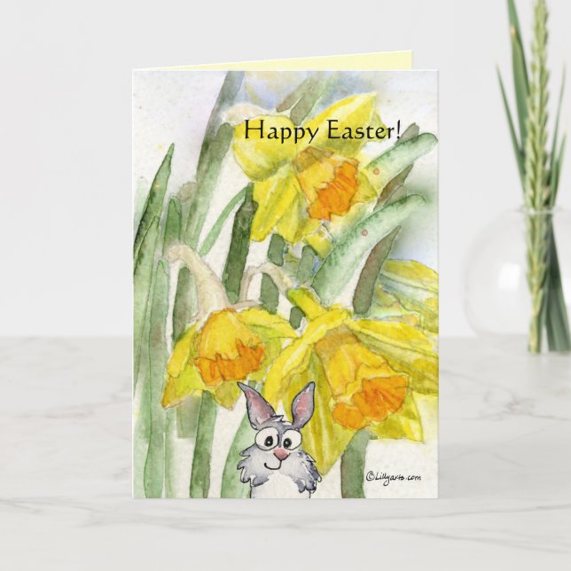 Tarjeta feliz del conejo de los narcisos de Pascua (Anverso)