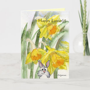 Tarjeta feliz del conejo de los narcisos de Pascua
