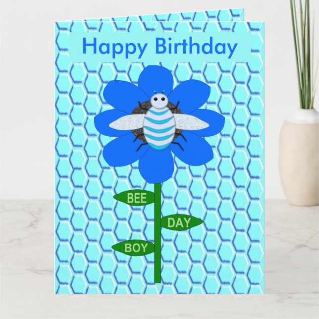 Tarjeta Feliz Día de Abeja Personalizado Azul cumpleaños B (Anverso)