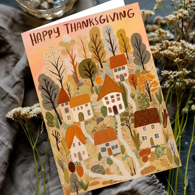 Tarjeta Feliz Día de Acción de Gracias Encantador Caída de (Happy Thanksgiving Charming Autumn Village Fall Card
)