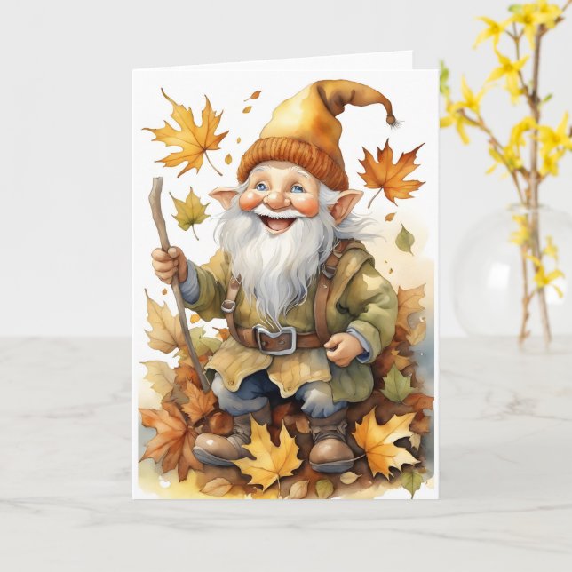 Tarjeta Feliz Día de Acción de Gracias, Gnome Fall deja en (flor amarilla)