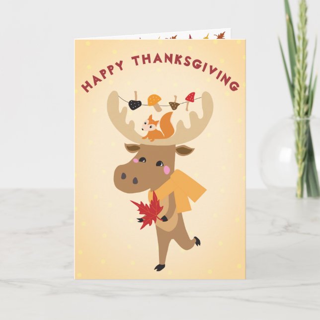 Tarjeta Feliz Día de Acción de Gracias Moose Fall Leaves (Anverso)