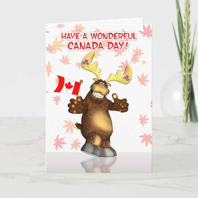 Tarjeta Feliz Día De Canadá Con Moose Ondeando La Bandera (Anverso)