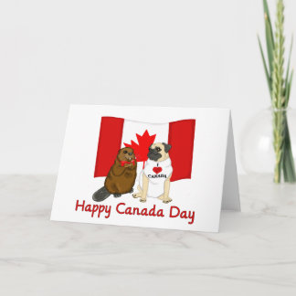 Tarjeta Feliz Día de Canadá, pug y peluqueros, regalos