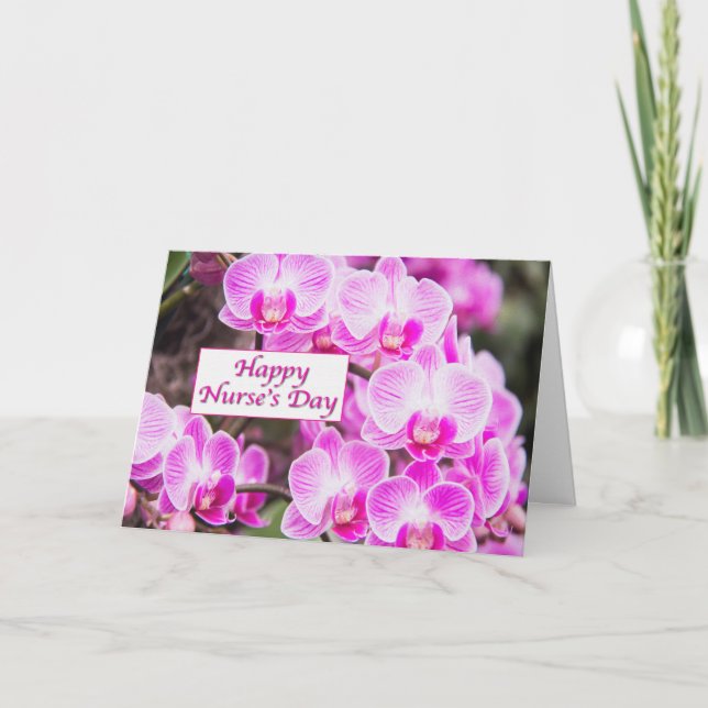 Tarjeta Feliz día de la enfermera con orquídeas moradas (Anverso)