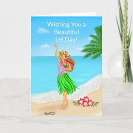 Tarjeta Feliz Día de la Lei Hawaiana Chica Hula Playa