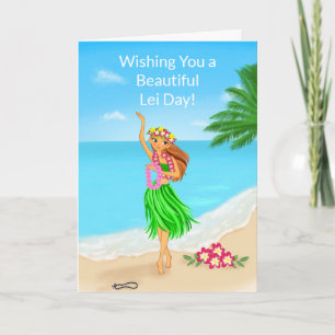 Tarjeta Feliz Día de la Lei Hawaiana Chica Hula Playa