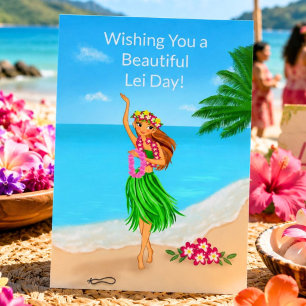 Tarjeta Feliz Día de la Lei Hawaiana Chica Hula Playa