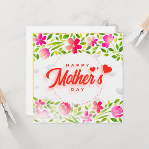 Tarjeta Feliz Día de la Madre Acuarela Flores Rosadas y Co