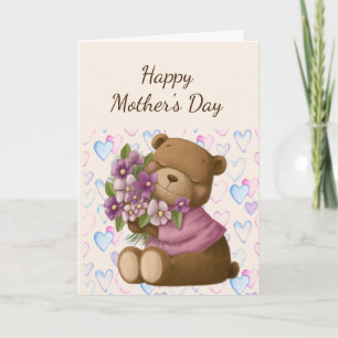 Tarjeta Feliz Día de la Madre, amor por las flores del oso
