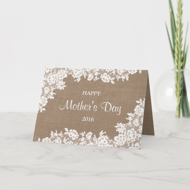 Tarjeta Feliz Día de la Madre | Burlap Rústico y Lace Blan (Anverso)