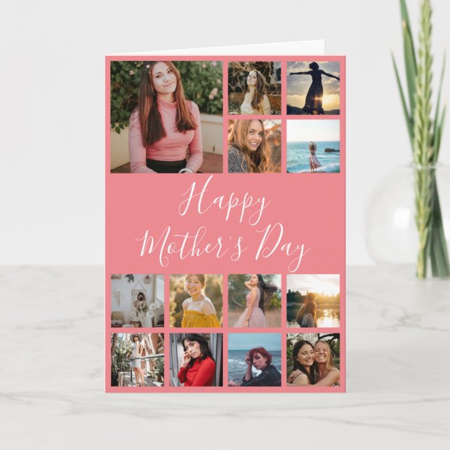 Tarjeta Feliz Día de la Madre Collage de fotos rosa y blan (Anverso)