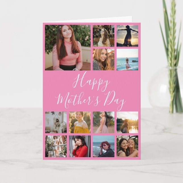 Tarjeta Feliz Día de la Madre Collage de fotos rosa y blan (Anverso)