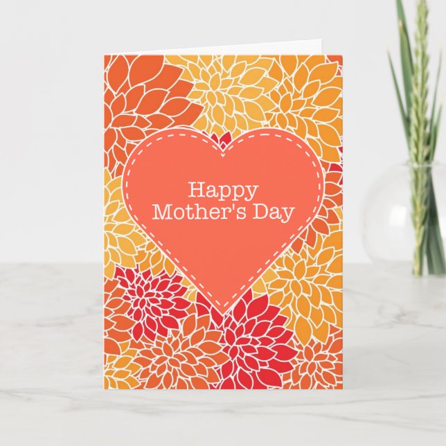 Tarjeta Feliz Día de la Madre con flores rojas y naranjas (Anverso)