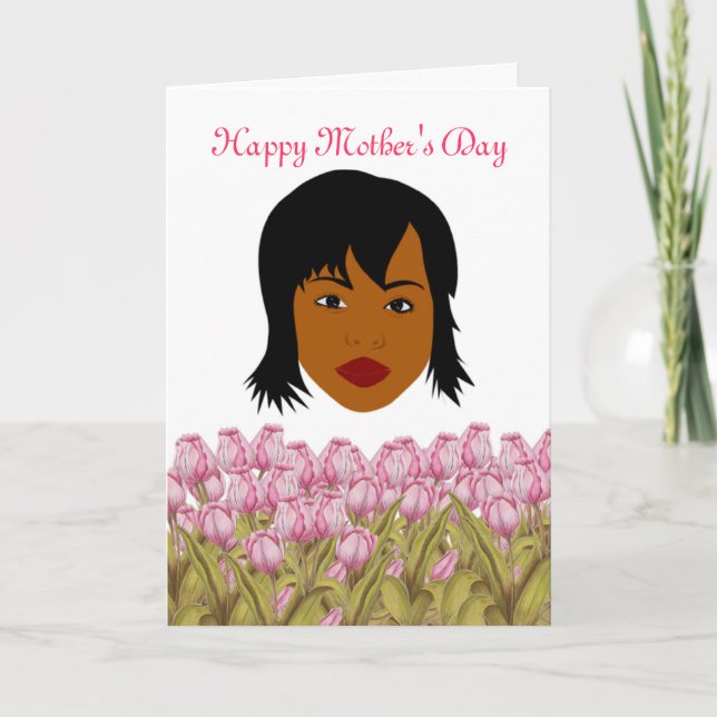 Tarjeta Feliz día de la madre con la mamá afroamericana (Anverso)