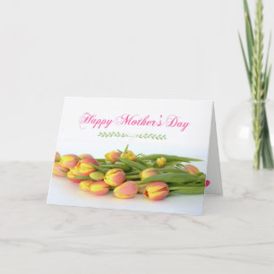 Tarjeta Feliz Día de la Madre con tulipanes amarillos y Na