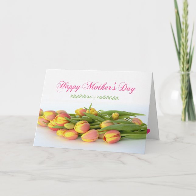 Tarjeta Feliz Día de la Madre con tulipanes amarillos y Na (Anverso)