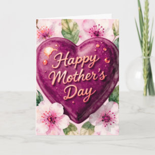 Tarjeta Feliz Día de la Madre Corazón Púrpura en Flor