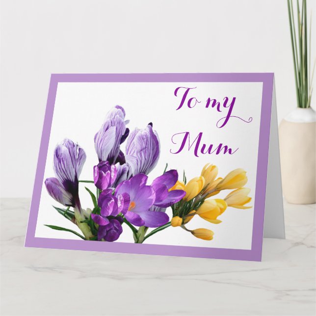 Tarjeta Feliz Día de la Madre crocus floral amarillo púrpu (Anverso)