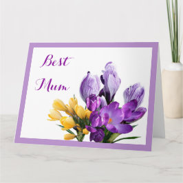 Tarjeta Feliz Día de la Madre Crocus morado amarillo flora