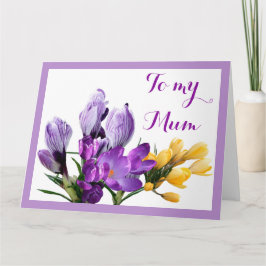 Tarjeta Feliz Día de la Madre Crocus morado amarillo flora